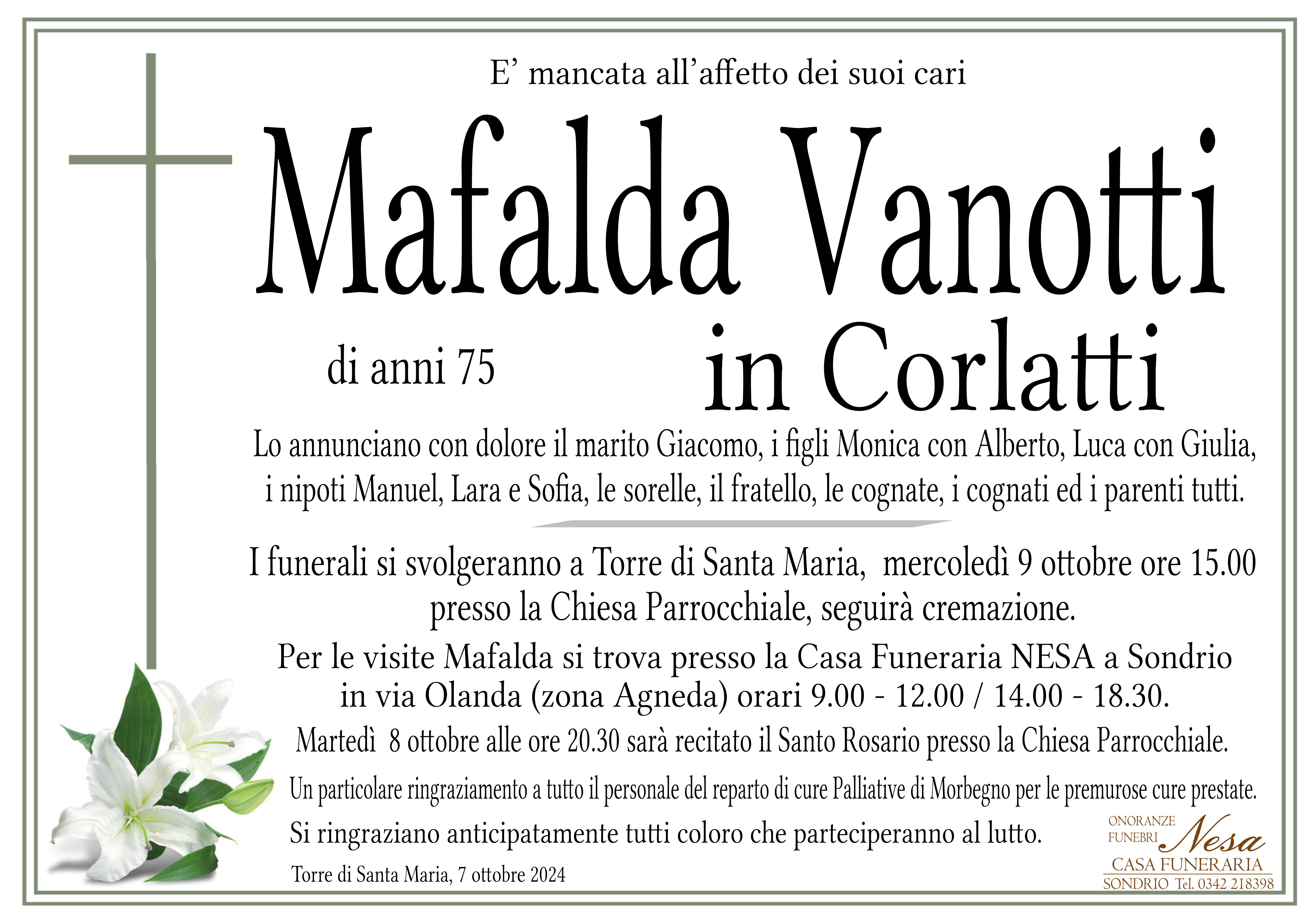 Necrologio Mafalda Vanotti in Corlatti